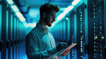 Focused IT professional using a laptop while standing in a server room with racks of network equipment illuminated by blue lights
