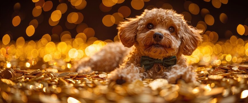 A mischievous Poodle wearing a green bow tie, surrounded by pots of gold and overflowing with glittering coins, Wallpaper Pictures, Background Hd