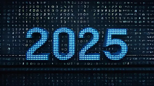 the number 2025 is displayed on a digital background. New year 2025 greeting card. high tech and innovation.