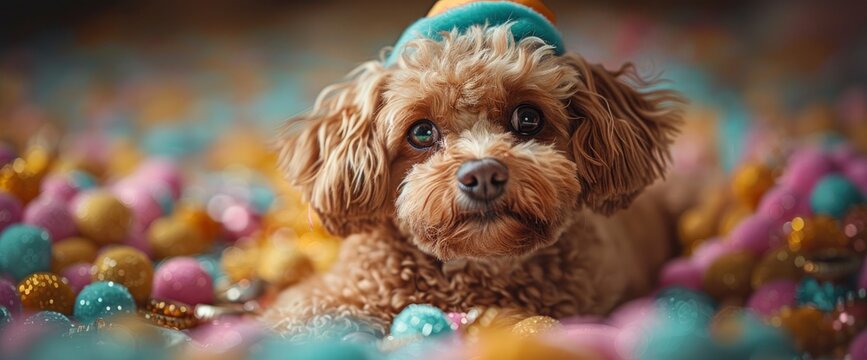 A mischievous Poodle wearing a leprechaun hat, surrounded by pots of gold and shamrocks, with a playful expression , Wallpaper Pictures, Background Hd