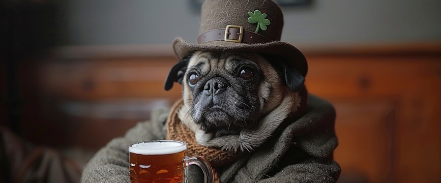 A mischievous Pug dressed as a leprechaun, surrounded by St. Patrick's Day props and holding a beer mug in its paw, Wallpaper Pictures, Background Hd