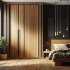 Wooden wardrobe against black wall in minimalist style interior design of a modern bedroom