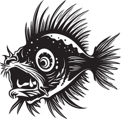 Sinister Swim Angular Fish Logo Design with Evil Undertones Diabolic Dive Sinister Angular Creature Fish Vector Logo