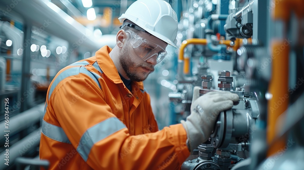 Poster Maintenance worker with orange overalls and white hard hat working on high tech equipment. Generative AI.