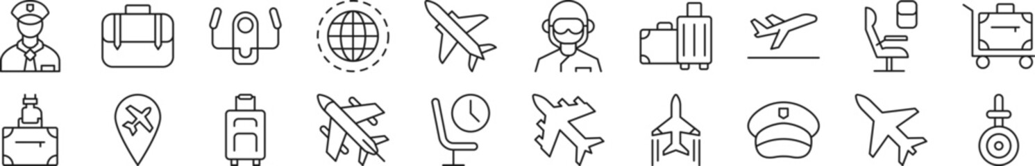 Set of thin line icons of pilot. Editable stroke. Simple linear illustration for web sites, newspapers, articles book