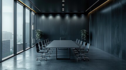 Meeting room of a technology company with a black wall. Generative AI.