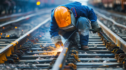 Railroad repair. Welding rails. A worker welds a steel part by hand - obrazy, fototapety, plakaty
