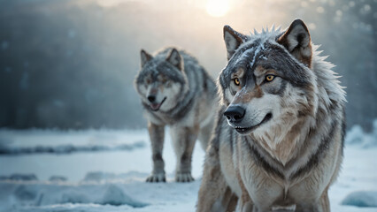 Two wolfs in the winter forest. Canis lupus