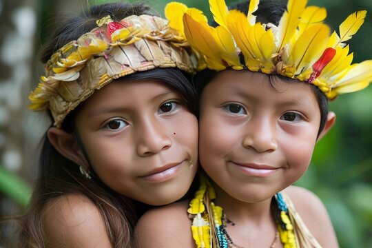 Curious Amazonia tribe children. America child. Generate Ai