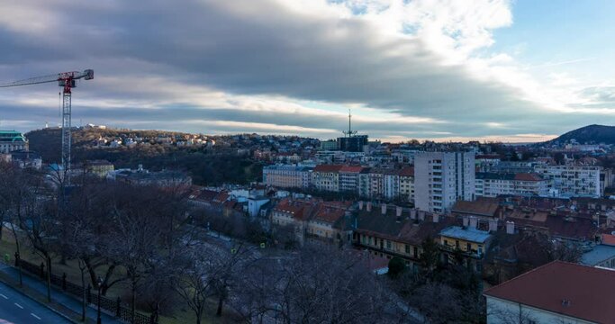 Budapest, Hungary - February 3, 2024: Landscape view from Toth Arpad setany. Time-lapse, move transition.