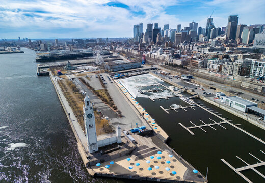 Aerial view of Montreal old port in spring 