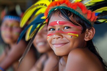 Obraz premium Curious Amazonia tribe children latin. Culture face. Generate Ai