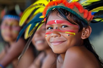 Foto auf Leinwand Curious Amazonia tribe children latin. Culture face. Generate Ai © anatolir