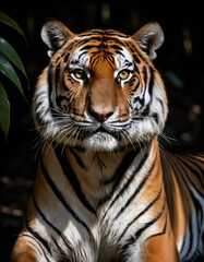 Fototapeta premium Tiger portrait in a dark tropical forest