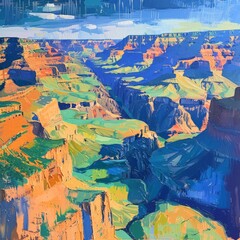 A detailed painting depicting the majestic Grand Canyon with its towering cliffs, winding Colorado River, and colorful rock formations - obrazy, fototapety, plakaty