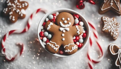 Fototapeta premium christmas cookies black and white photo of A festive Christmas with a candy cane heart and a gingerbread man. 