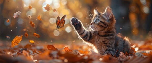 A playful Bengal kitten chasing a butterfly through a sun-dappled forest, with golden leaves crunching underfoot, Wallpaper Pictures, Background Hd