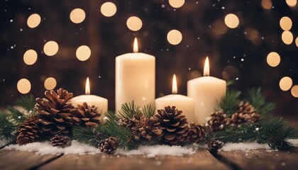 christmas decoration with candles A rustic Christmas with a fir tree and wooden background. The tree is natural and simple 