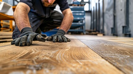 Focused carpenter installing wooden floor panels. Hands-on craftsmanship and construction work with attention to detail.