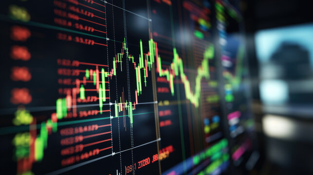 Close-up of a financial trading screen displaying market data with various colored candlestick charts, numerical values, and trend lines indicating stock performance.