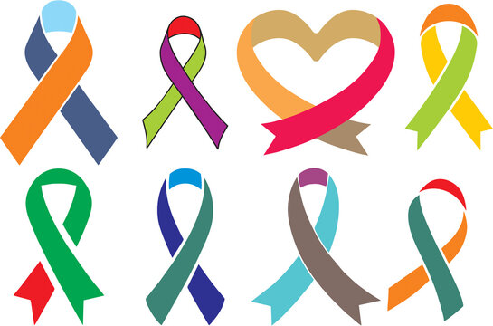 Multiple color awareness ribbons. Various cancer control awareness ribbons in high HD resolution on white background.