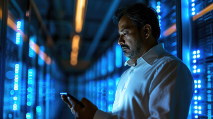 Focused IT professional using a laptop while standing in a server room with racks of network equipment illuminated by blue lights