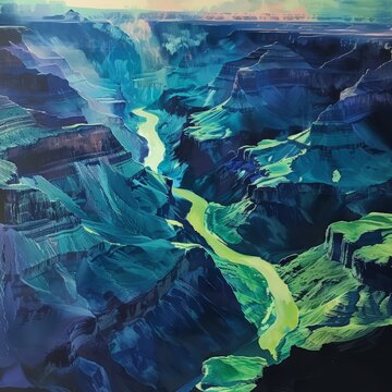 A painting depicting a river cutting through a rugged canyon, showcasing the powerful force of nature shaping the landscape