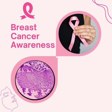 Woman hand holding pink ribbon and microscopic image of breast cancer, Awareness breast cancer concept.