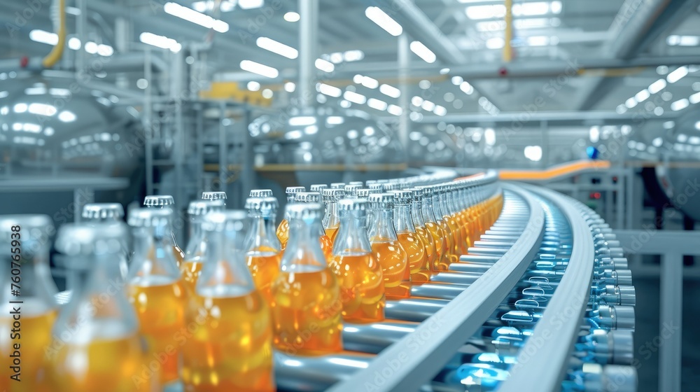 Poster water or juice bottles are conveyed on a conveyor at a beverage factory. . generative ai.