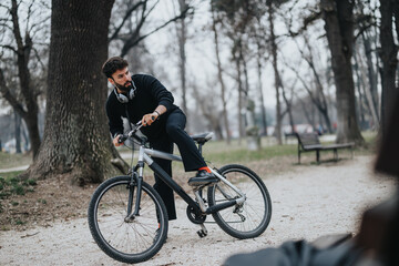 Fototapeta premium Active businessman riding a bicycle in the park while having a conversation on his smart phone, exemplifying work-life balance.