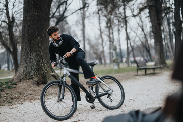 Active businessman riding a bicycle in the park while having a conversation on his smart phone, exemplifying work-life balance.
