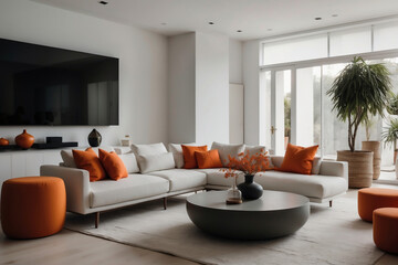 Elegantes Wohnzimmer in moderner Villa mit minimalistischem Stil und luxuriösen Akzenten - obrazy, fototapety, plakaty
