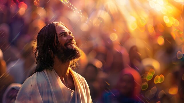 representation of Jesus surrounded by crowds speaking of the word and life to the world generative ai