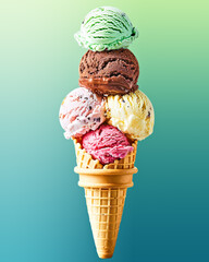 Colorful Ice Cream Scoops in Cone Against Blue Background - obrazy, fototapety, plakaty