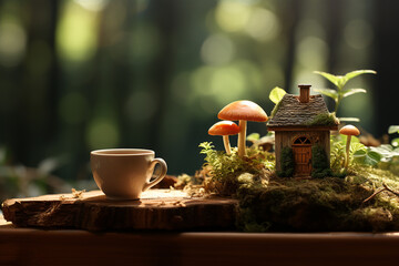 Coffee cup and mushrooms on moss background. Vintage style.