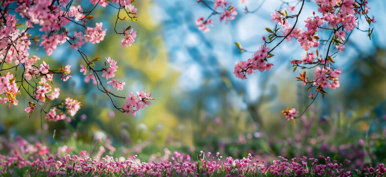 Springtime cherry blossoms over pink carpet of flowers