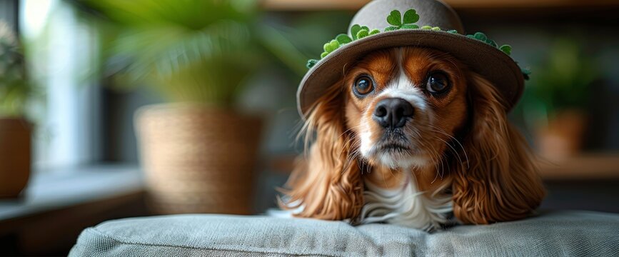 A playful Cocker Spaniel dressed as a Leprechaun, posing on a bed of vibrant green grass dotted with clover patches , Wallpaper Pictures, Background Hd