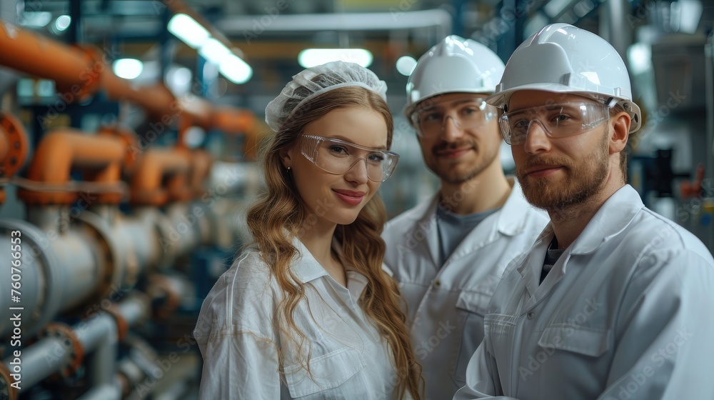 Poster portrait of 3 colleagues in a laboratory of a cement production company. generative ai.