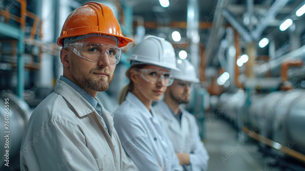 Poster portrait of 3 colleagues in a laboratory of a cement production company. generative ai.