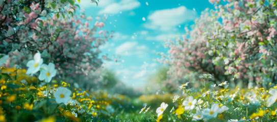 Naklejka na ściany i meble Dreamy blue and white wildflowers in sunlit meadow