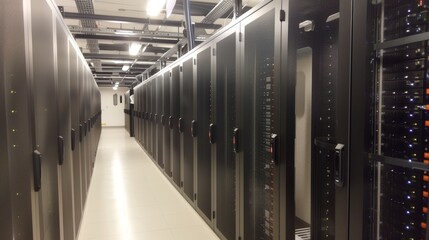 Modern server room with rows of server equipment. Technology and internet concept for data center operations and cloud computing services.