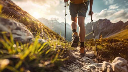 Person hiking on a mountain path at sunset with trekking poles. Adventure travel and exploration concept.