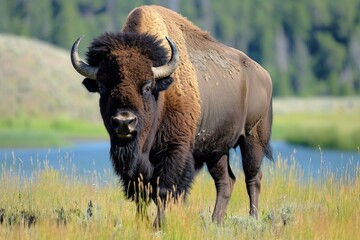 Majestic American bison summer. Big mammal. Generate Ai