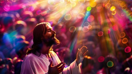 representation of Jesus surrounded by crowds speaking of the word and life to the world generative ai - obrazy, fototapety, plakaty