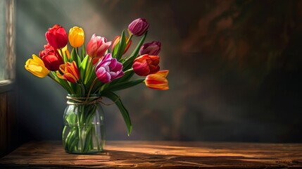 Vibrant tulips in a transparent vase on a wooden surface with dynamic lighting
