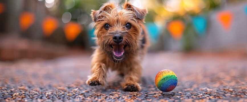 A playful Jack Russell Terrier chasing after a rainbow-colored ball in a sunlit backyard adorned with St Patrick's Day banners , Wallpaper Pictures, Background Hd