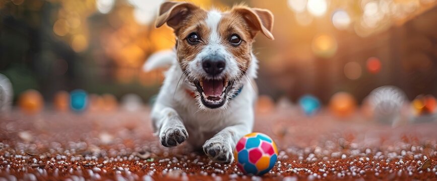 A playful Jack Russell Terrier chasing after a rainbow-colored ball in a sunlit backyard adorned with St Patrick's Day, Wallpaper Pictures, Background Hd