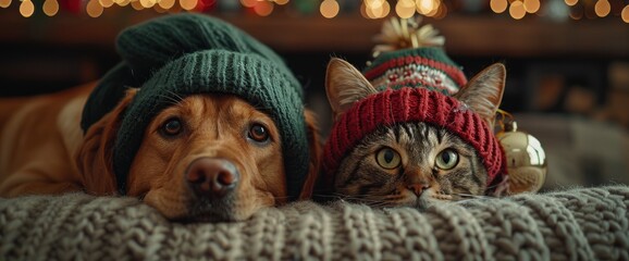 A playful Labrador Retriever and a curious tabby cat adorned in green attire, watching fireworks in a backyard filled with St. Patrick's Day - obrazy, fototapety, plakaty