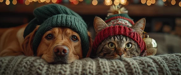Fotobehang A playful Labrador Retriever and a curious tabby cat adorned in green attire, watching fireworks in a backyard filled with St. Patrick's Day © MI coco
