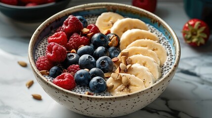 A chia breakfast bowl topped with berries and bananas. Generative AI. - obrazy, fototapety, plakaty